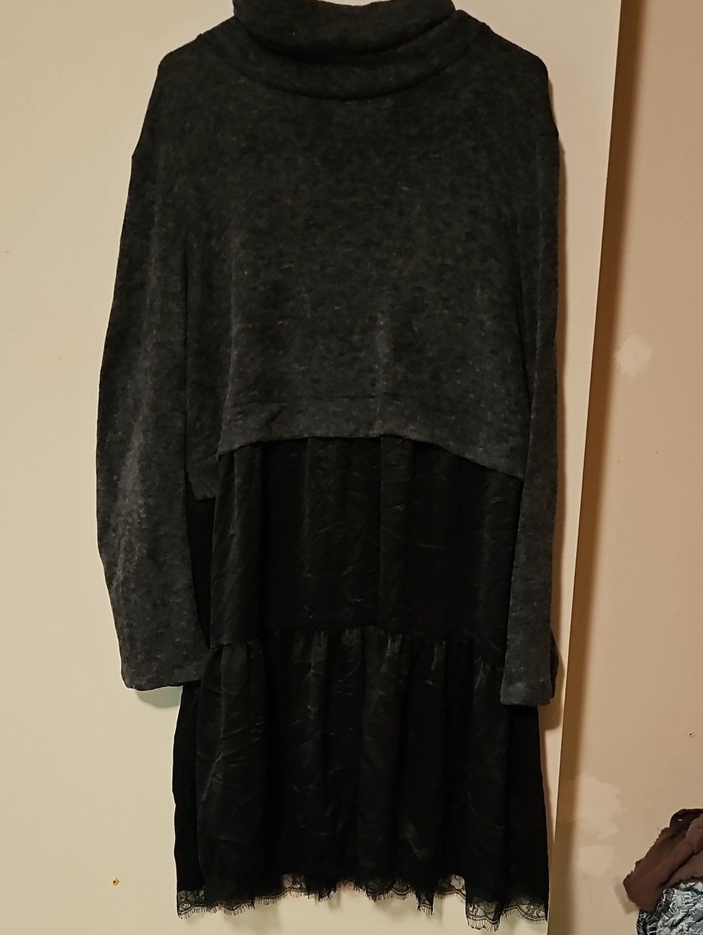 Dark Gray Layered Long-Sleeve Dress with Turtleneck Knit Top